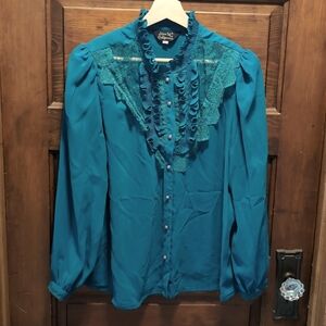 Teal Vintage high neck blouse sz XL
